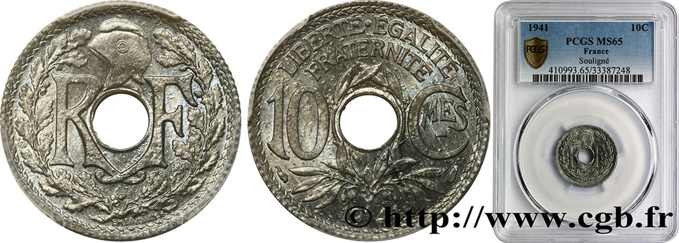 10 centimes Lindauer en zinc, Cmes souligné et millésime sans points 1941  F.140/1 ST65 PCGS