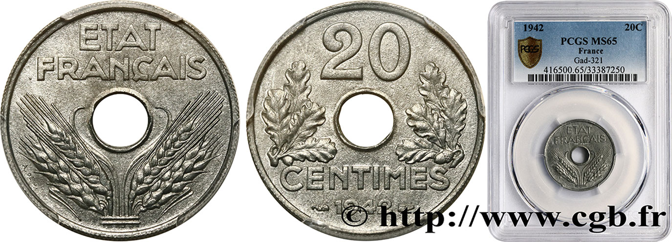 20 centimes État français, lourde 1942  F.153/4 ST65 PCGS