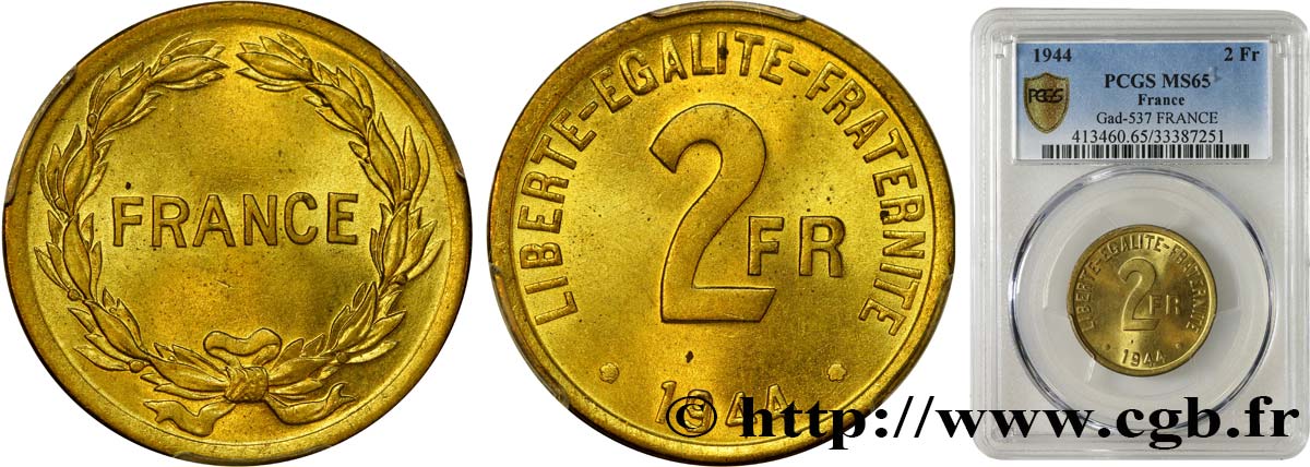 2 francs France 1944  F.271/1 FDC65 PCGS