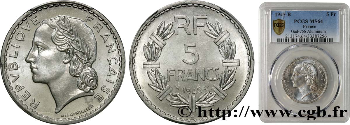 5 francs Lavrillier, aluminium 1945 Beaumont-Le-Roger F.339/4 SC64 PCGS