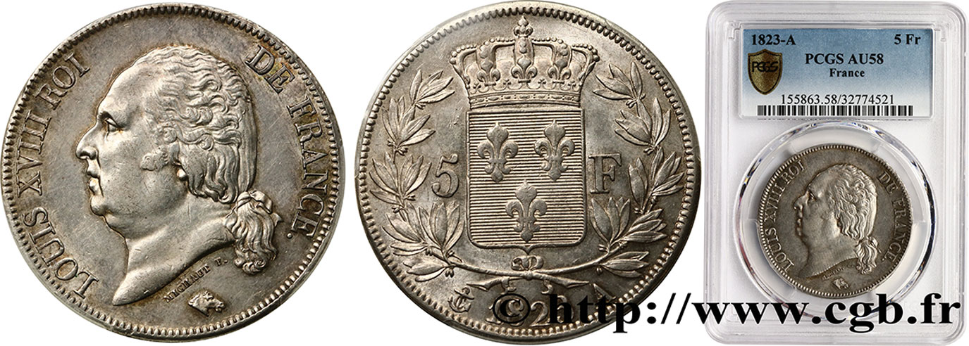 5 francs Louis XVIII, tête nue 1823 Paris F.309/76 EBC58 PCGS