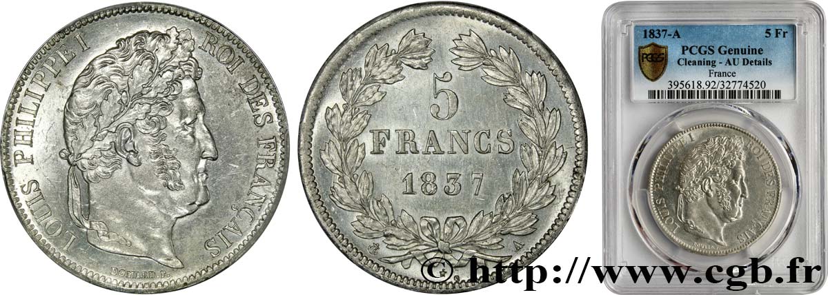 5 francs IIe type Domard 1837 Paris F.324/61 AU PCGS