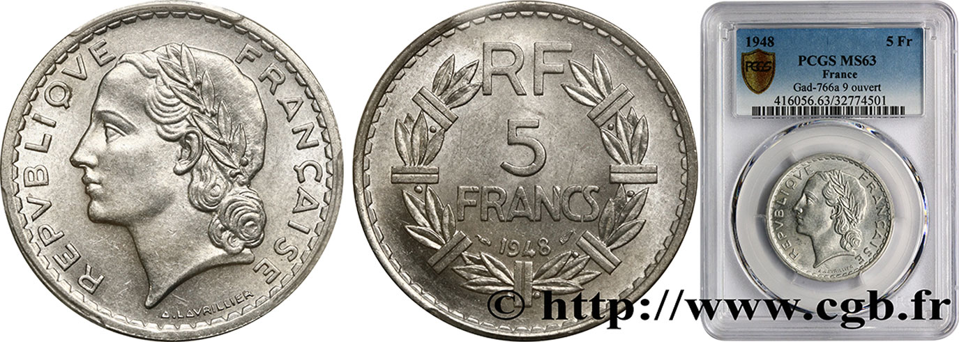5 francs Lavrillier, aluminium, 9 ouvert 1948  F.339/13 SPL63 PCGS