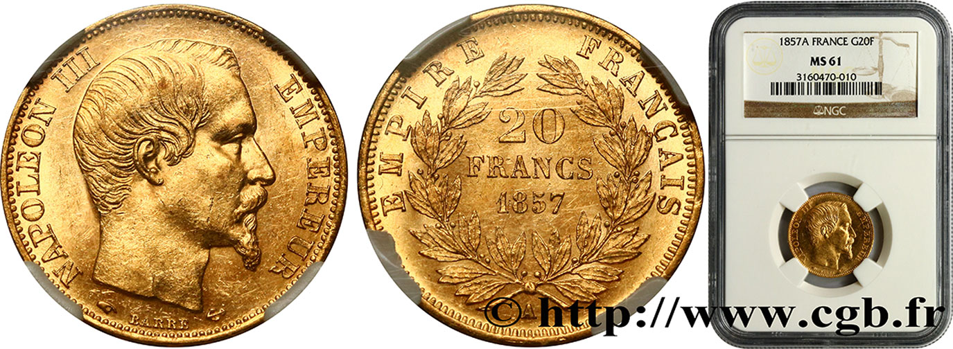 20 francs or Napoléon III, tête nue 1857 Paris F.531/12 EBC61 NGC