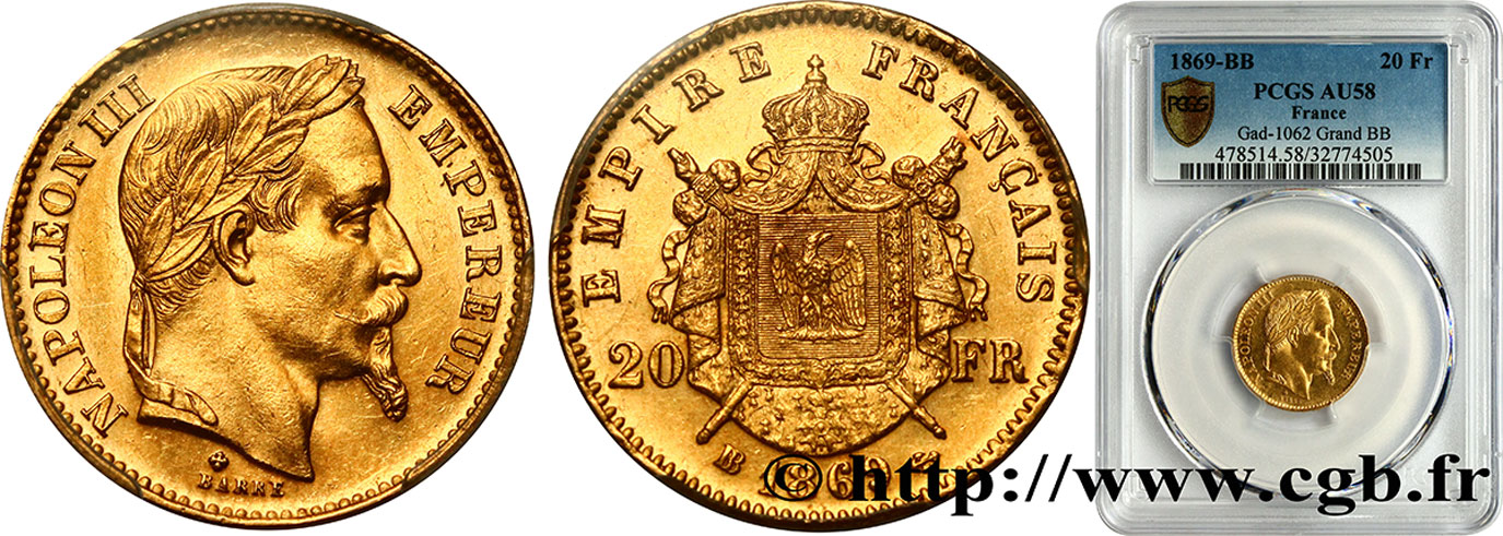 20 francs or Napoléon III, tête laurée, grand BB 1869 Strasbourg F.532/22 AU58 PCGS