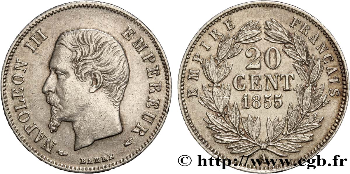 20 centimes Napoléon III, tête nue 1855 Paris F.148/3 TTB50 
