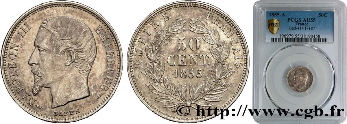 50 centimes Napoléon III, tête nue 1855 Paris F.187/3 VZ55 PCGS