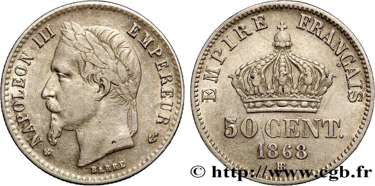 50 centimes Napoléon III, tête laurée 1868 Strasbourg F.188/21 BB45 