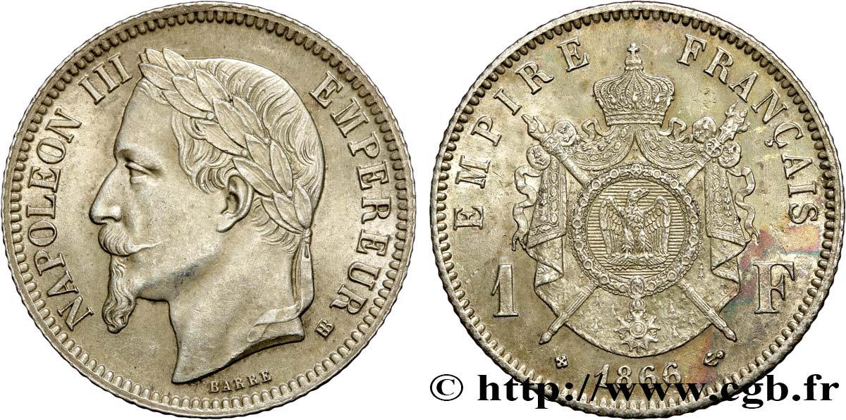 1 franc Napoléon III, tête laurée 1866 Strasbourg F.215/4 SUP58 