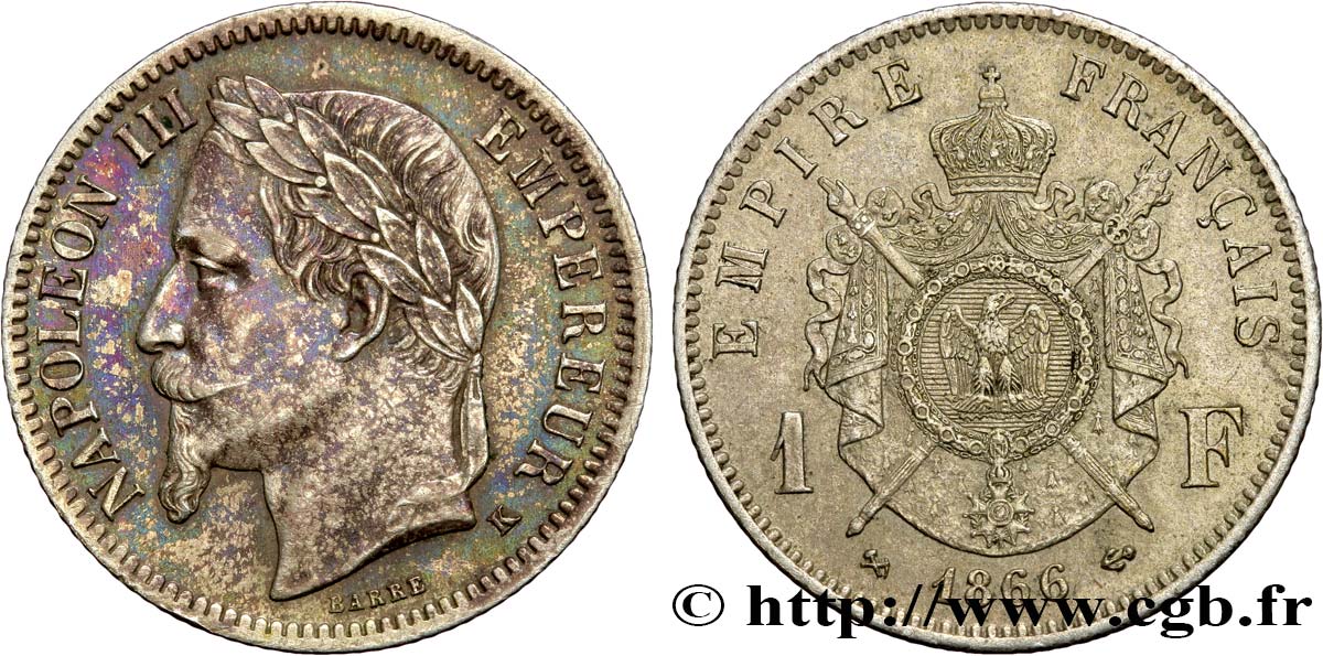 1 franc Napoléon III, tête laurée 1866 Bordeaux F.215/5 SS50 
