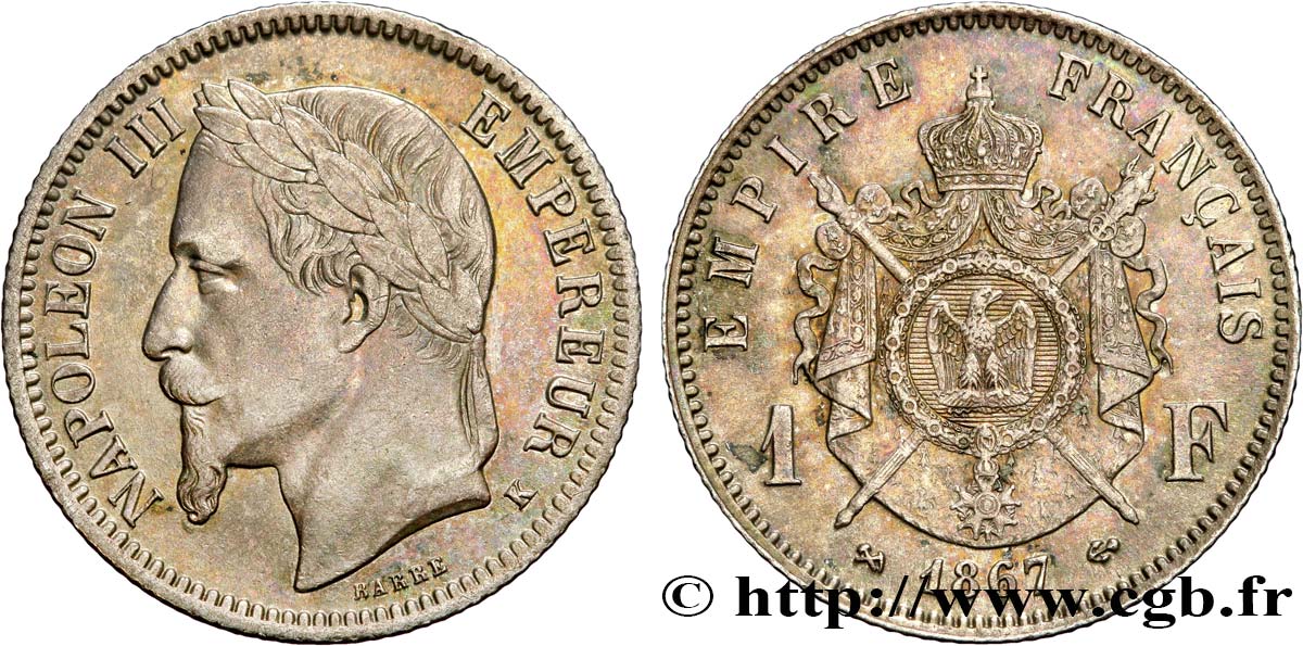 1 franc Napoléon III, tête laurée 1867 Bordeaux F.215/9 TTB50 