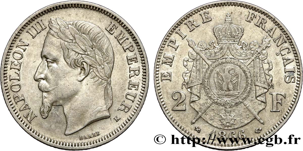 2 francs Napoléon III, tête laurée 1866 Bordeaux F.263/4 SS48 