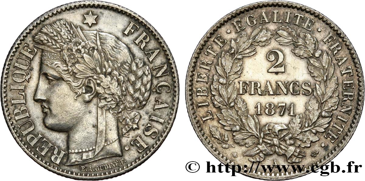 2 francs Cérès, avec légende 1871 Paris F.265/4 MBC+ 