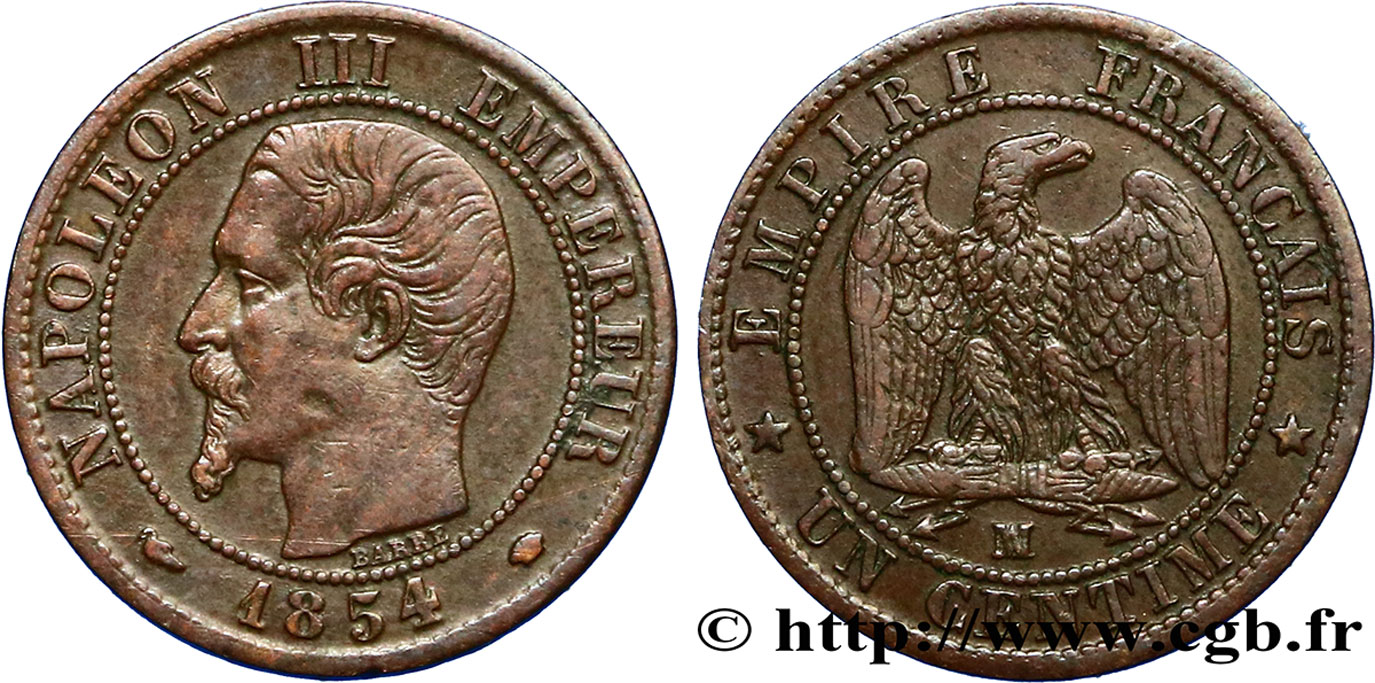 Un centime Napoléon III, tête nue 1854 Marseille F.102/14 AU50 