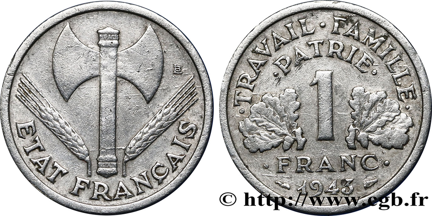 1 franc Francisque, légère, frappe médaille 1943 Paris F.223/3 var. TB35 