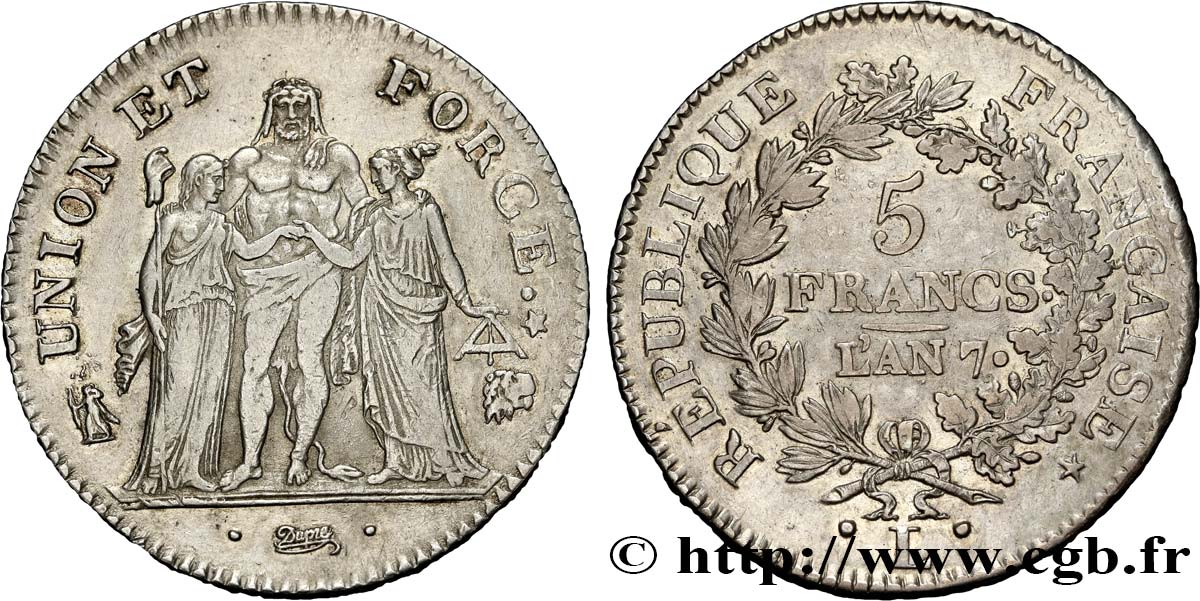 5 francs Union et Force, Union desserré, avec glands intérieurs et gland extérieur 1799 Bayonne F.291/26 XF45 