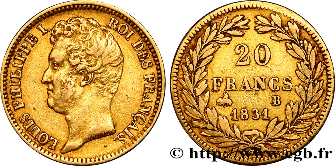 20 francs or Louis-Philippe, Tiolier, tranche inscrite en relief 1831 Rouen F.525/3 BB45 