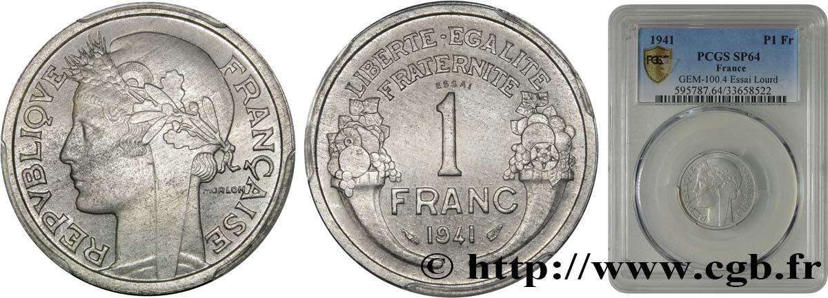 Essai de 1 franc Morlon, lourde 1941 Paris F.220/1 var. SPL64 PCGS