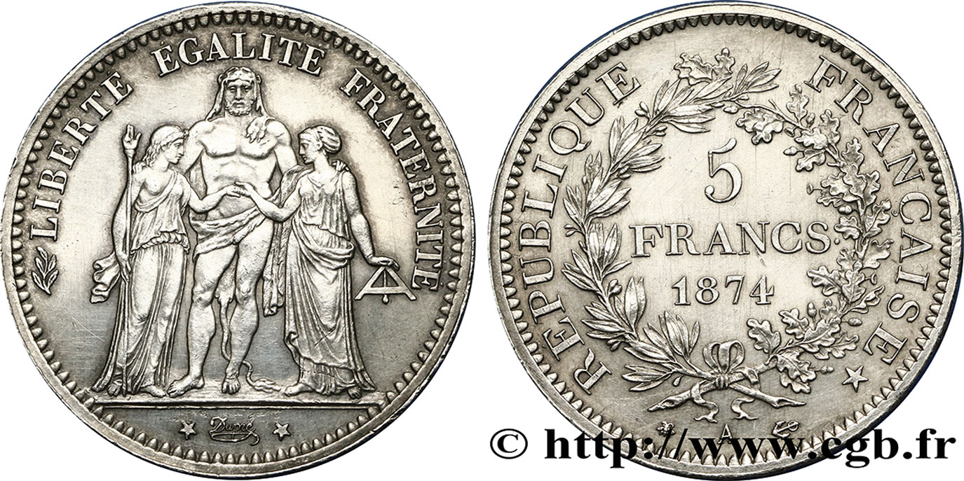 5 francs Hercule 1874 Paris F.334/12 TTB54 