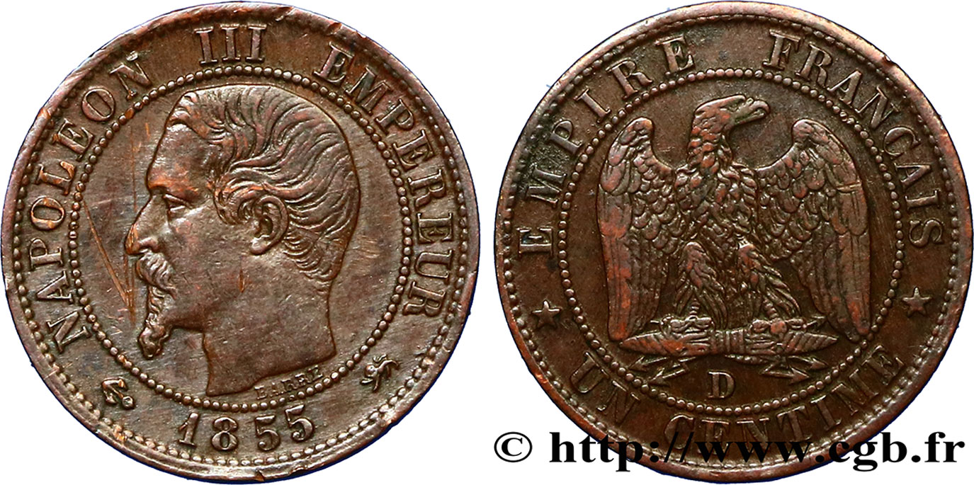 Un centime Napoléon III, tête nue, différent ancre 1855 Lyon F.102/20 MBC42 
