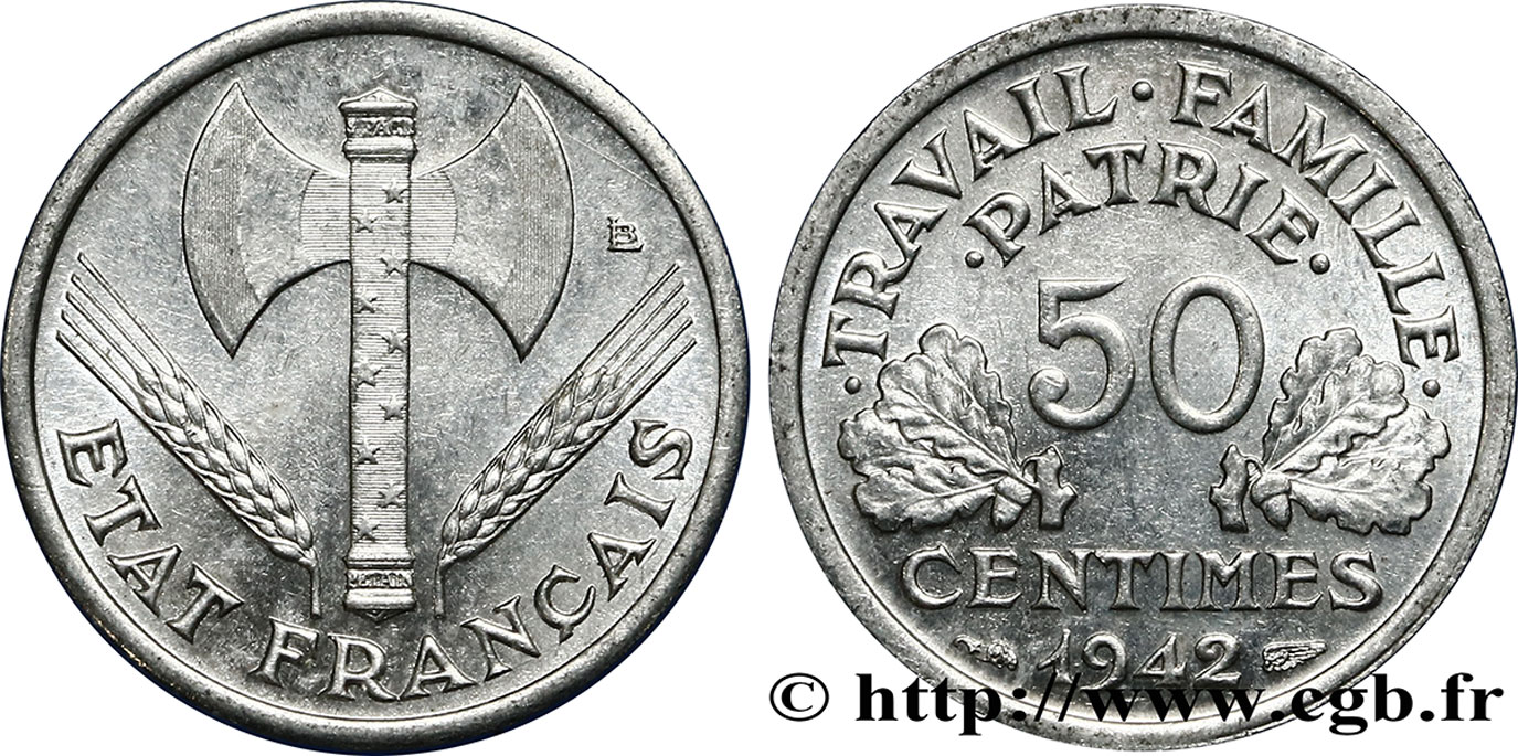 50 centimes Francisque, lourde 1942  F.195/3 SUP62 