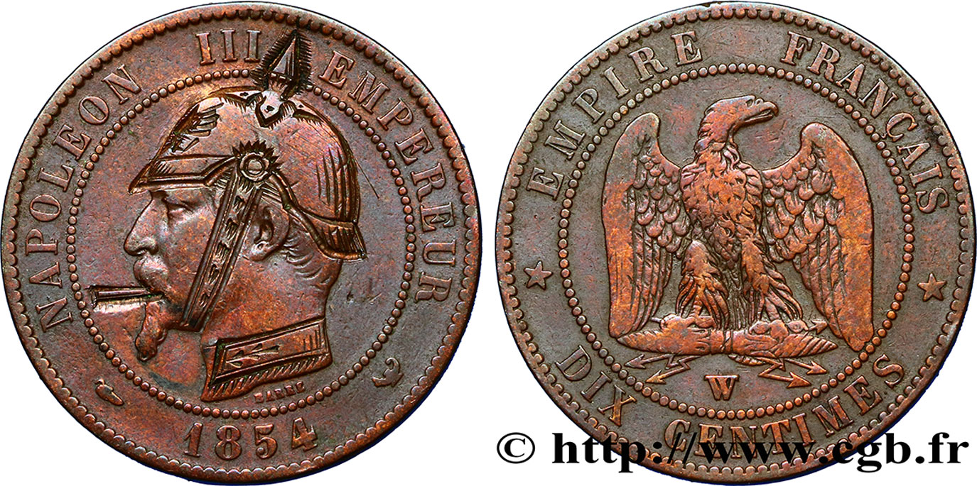 Dix centimes Napoléon III, tête nue, satirique 1854 Lille F.133/18 var. TB30 