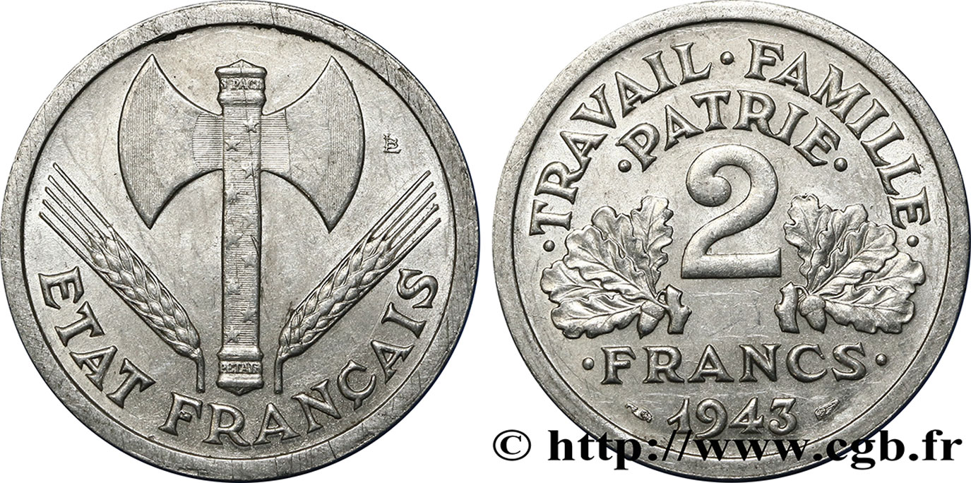 2 francs Francisque 1943  F.270/2 SUP55 