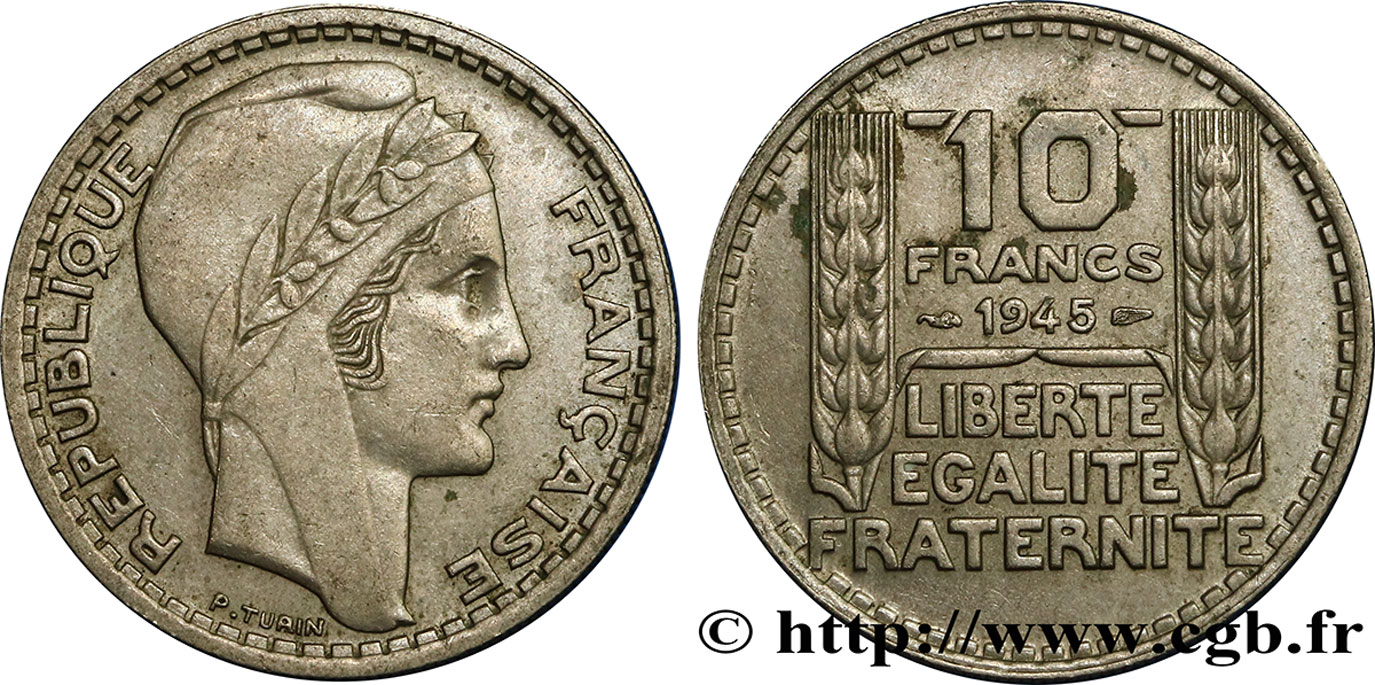 10 francs Turin, grosse tête, rameaux courts 1945  F.361A/1 TTB45 