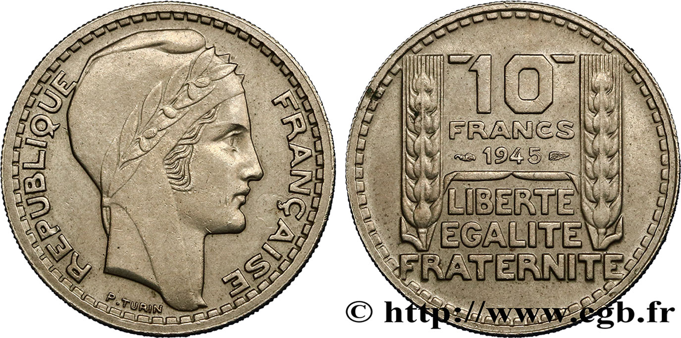 10 francs Turin, grosse tête, rameaux courts 1945  F.361A/1 BB45 