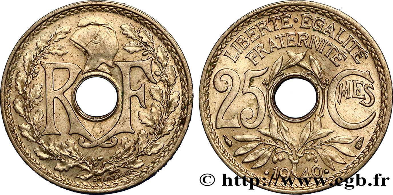 25 centimes Lindauer, maillechort 1940  F.172/4 AU55 