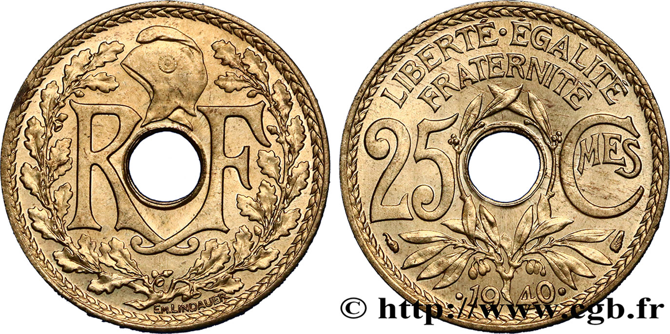 25 centimes Lindauer, maillechort 1940  F.172/4 SUP55 