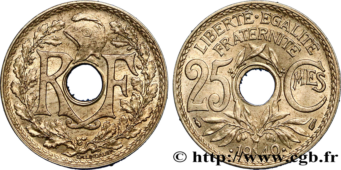 25 centimes Lindauer, maillechort 1940  F.172/4 SPL55 
