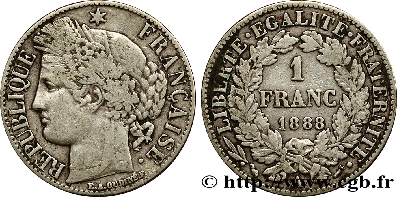 1 franc Cérès, Troisième République 1888 Paris F.216/10 TB25 