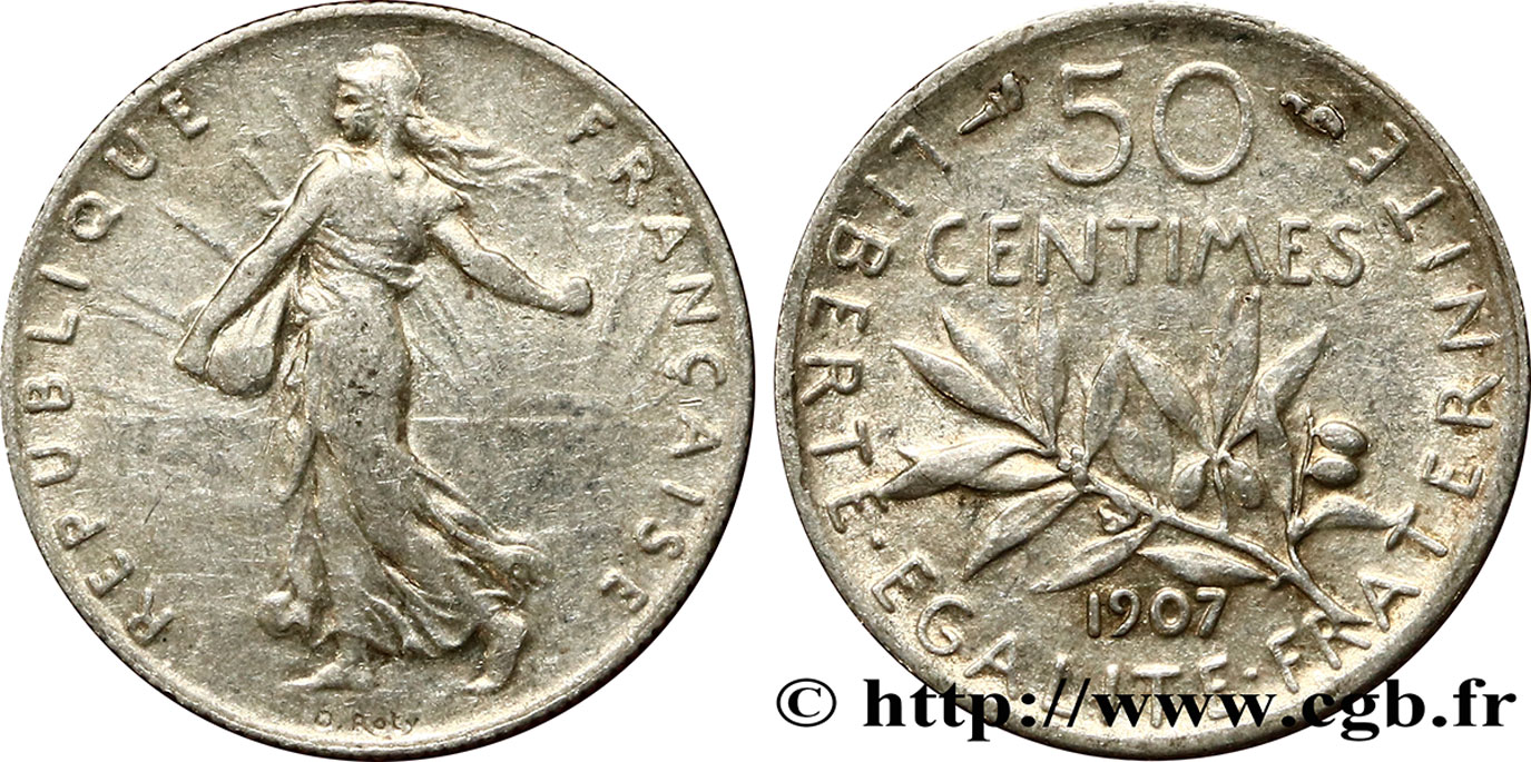 50 centimes Semeuse 1907 Paris F.190/14 TB35 