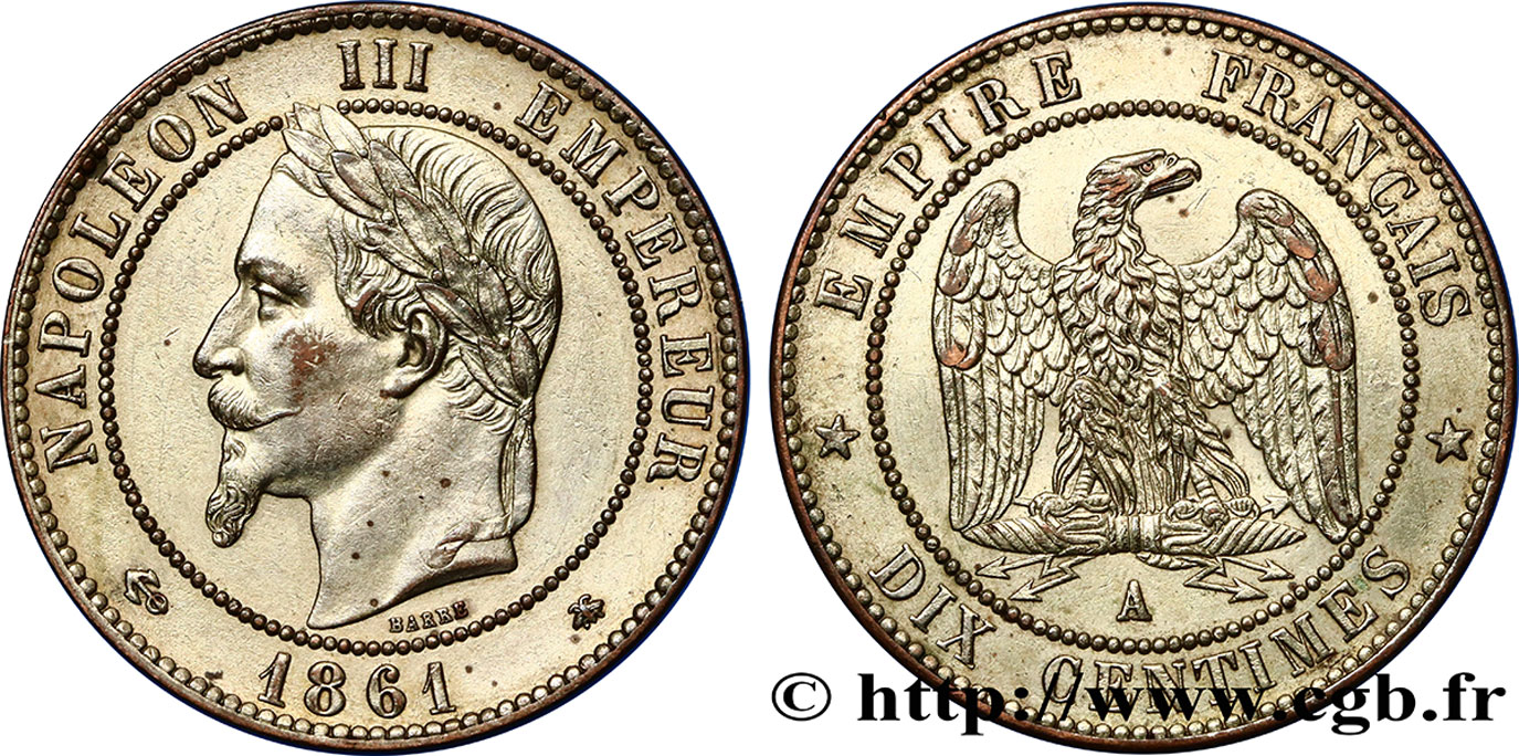 Dix centimes Napoléon III, tête laurée 1861 Paris F.134/4 BB52 
