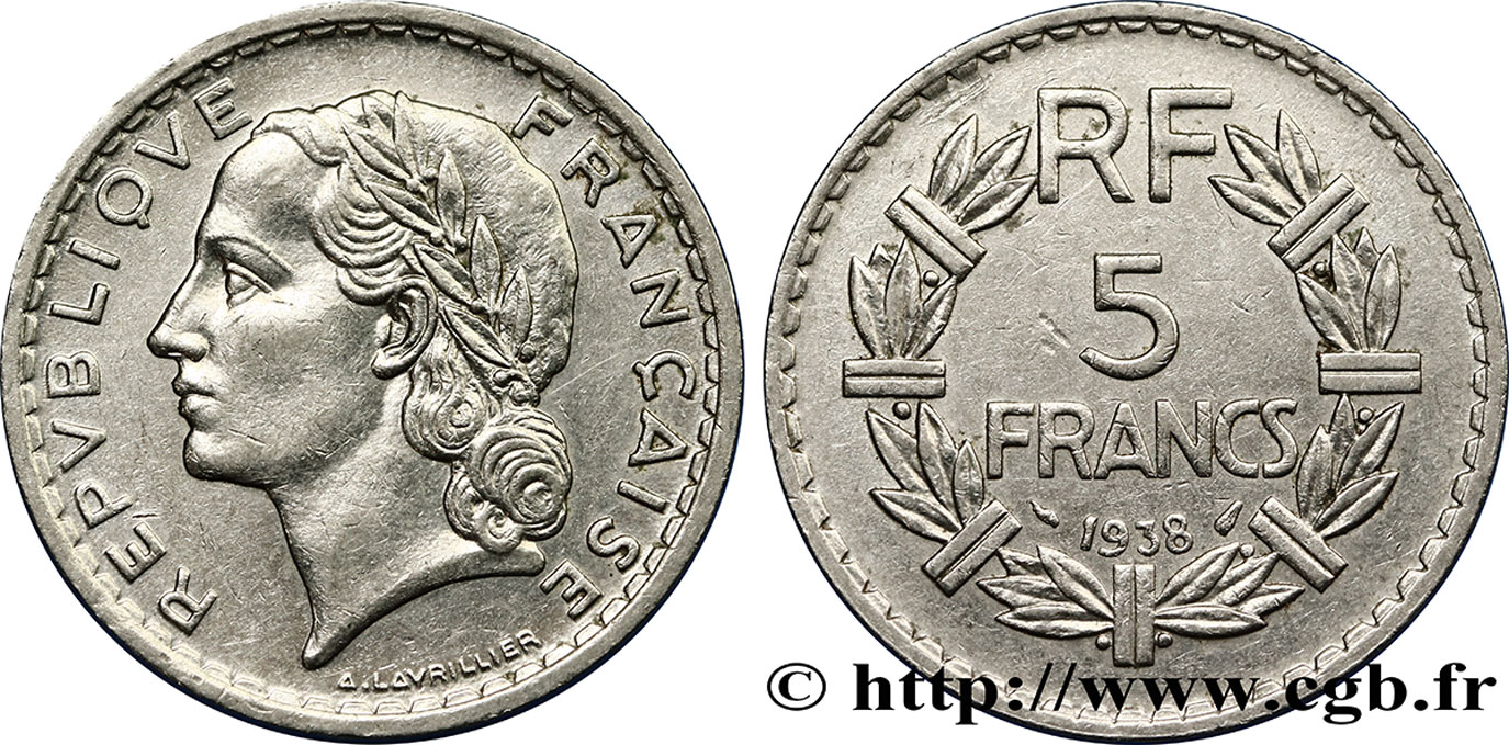 5 francs Lavrillier, nickel 1938  F.336/7 TTB52 