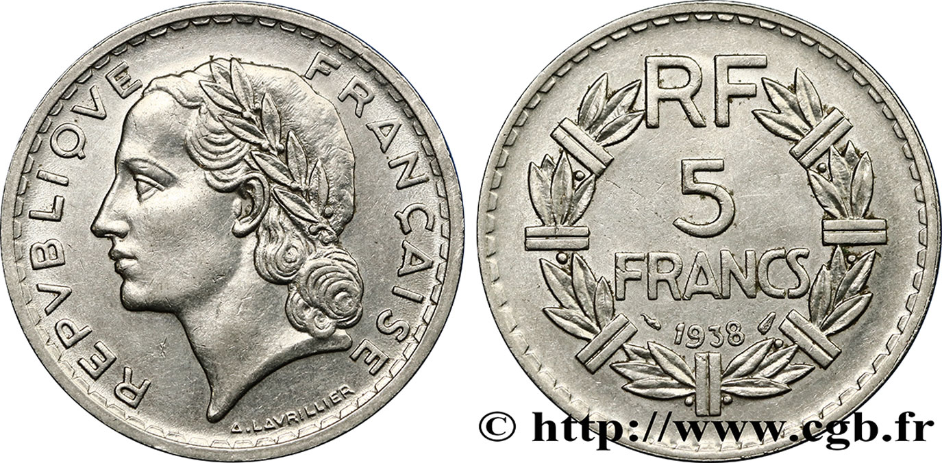 5 francs Lavrillier, nickel 1938  F.336/7 TTB52 