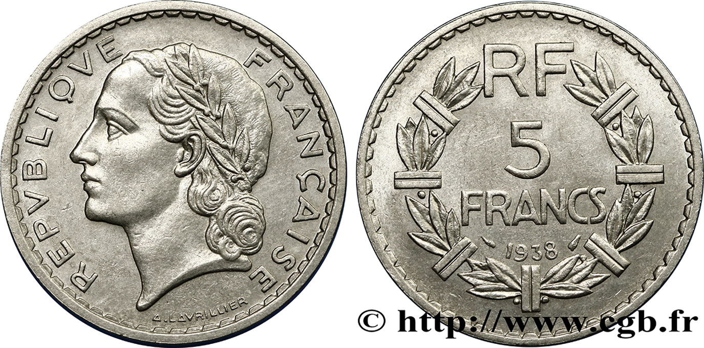 5 francs Lavrillier, nickel 1938  F.336/7 SS52 