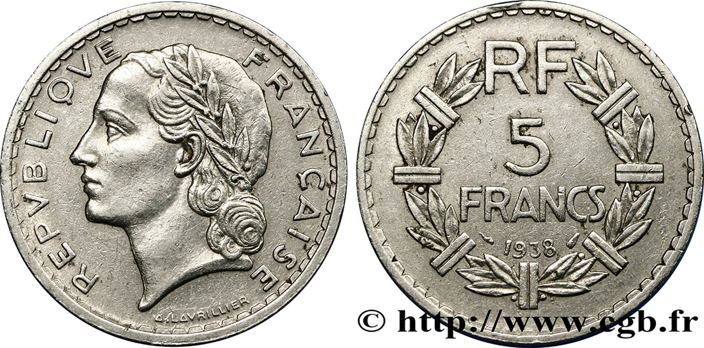5 francs Lavrillier, nickel 1938  F.336/7 TTB52 
