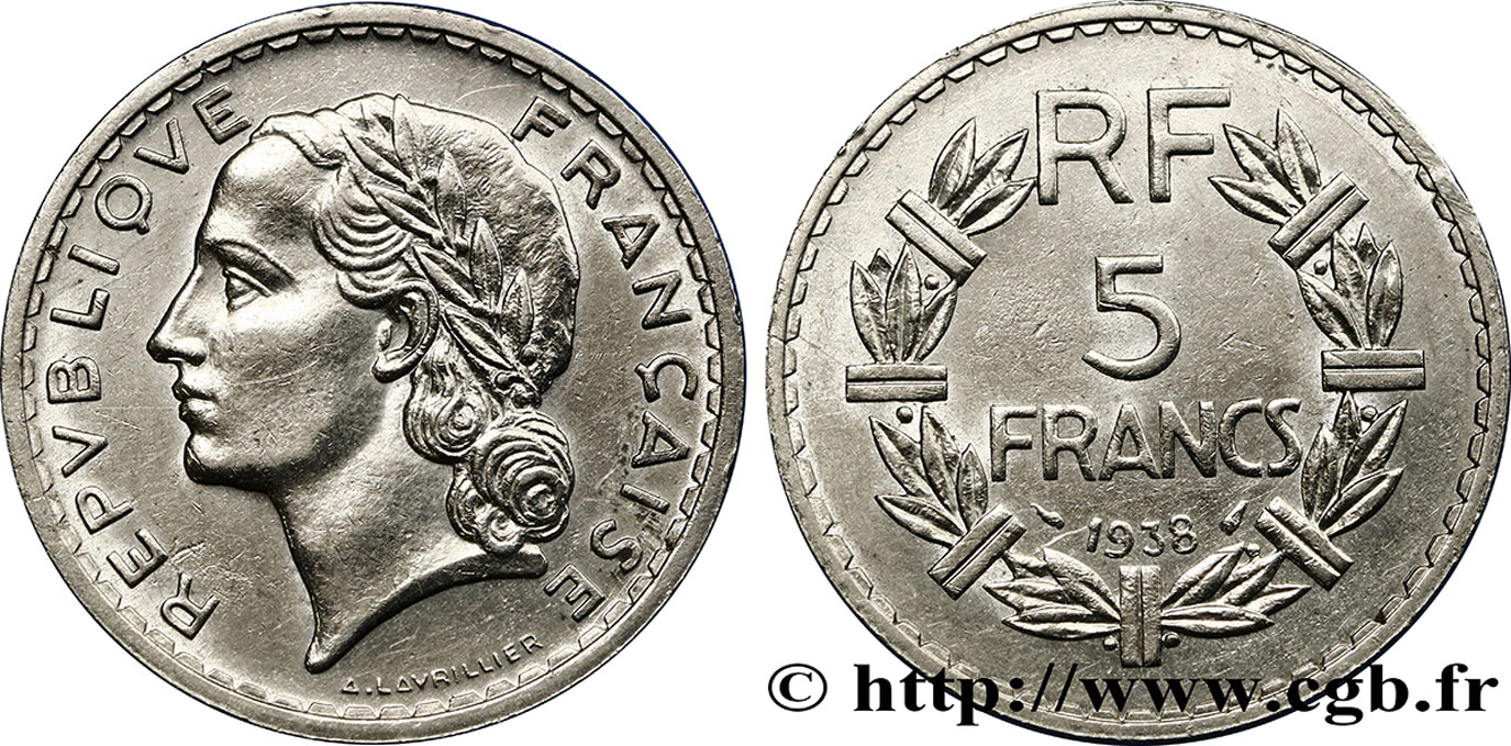 5 francs Lavrillier, nickel 1938  F.336/7 TTB52 