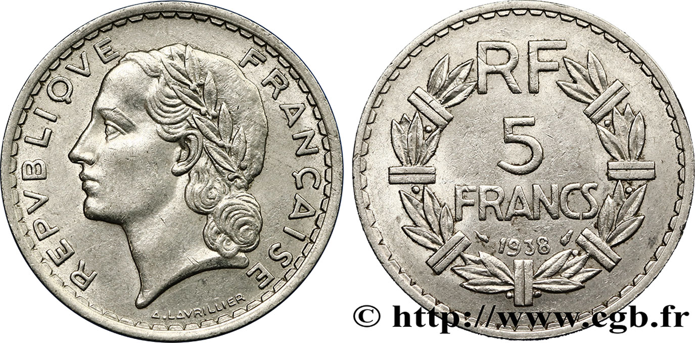 5 francs Lavrillier, nickel 1938  F.336/7 TTB52 