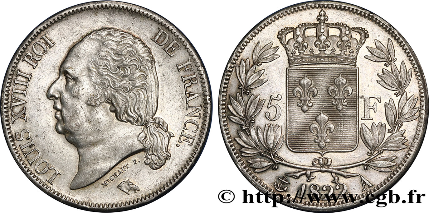 5 francs Louis XVIII, tête nue 1822 Paris F.309/68 SUP58 