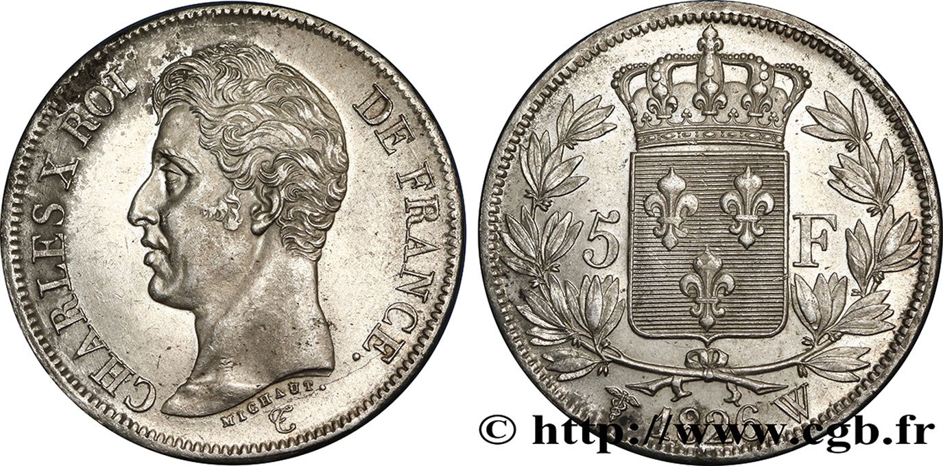 5 francs Charles X, 1er type 1826 Lille F.310/27 AU58 