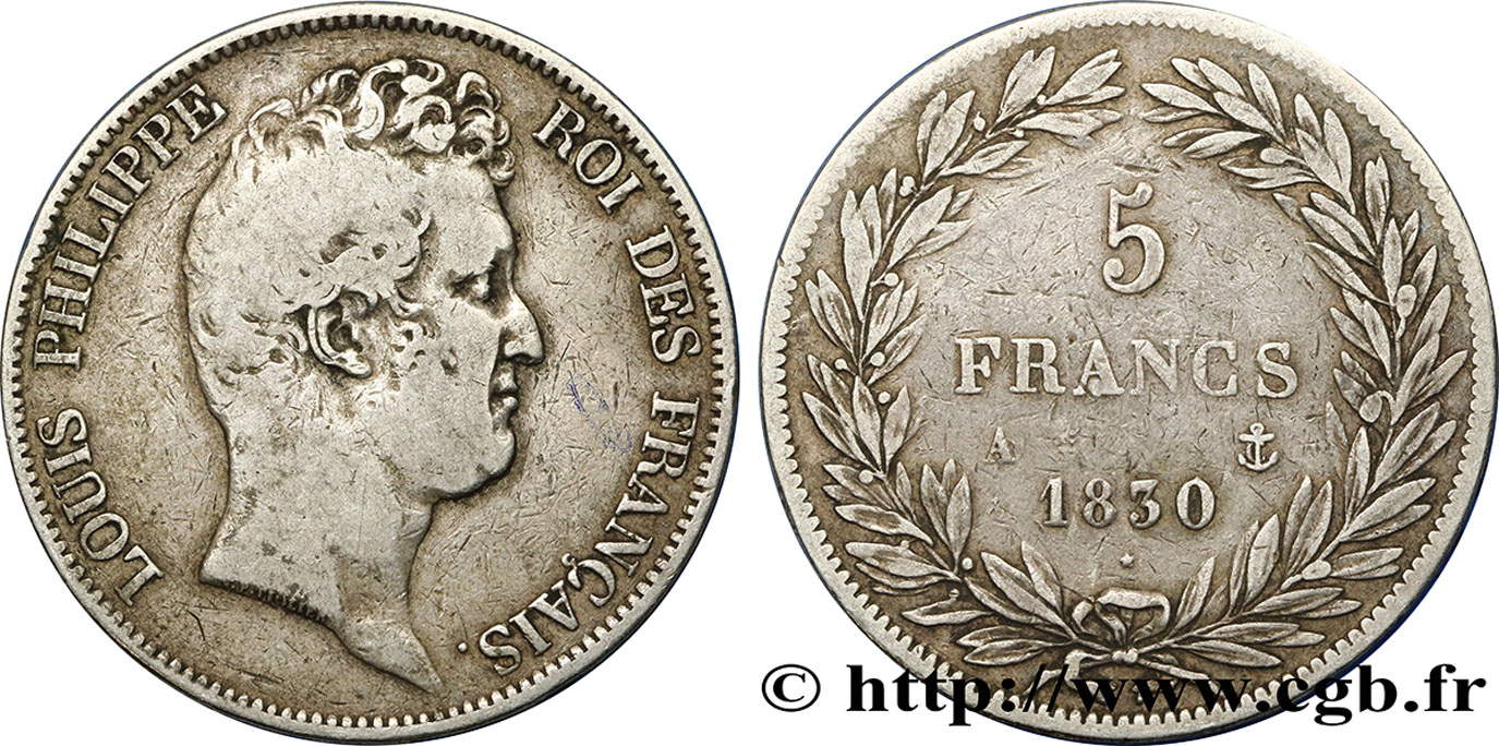 5 francs type Tiolier sans le I, tranche en relief 1830  Paris F.314/1 VF20 