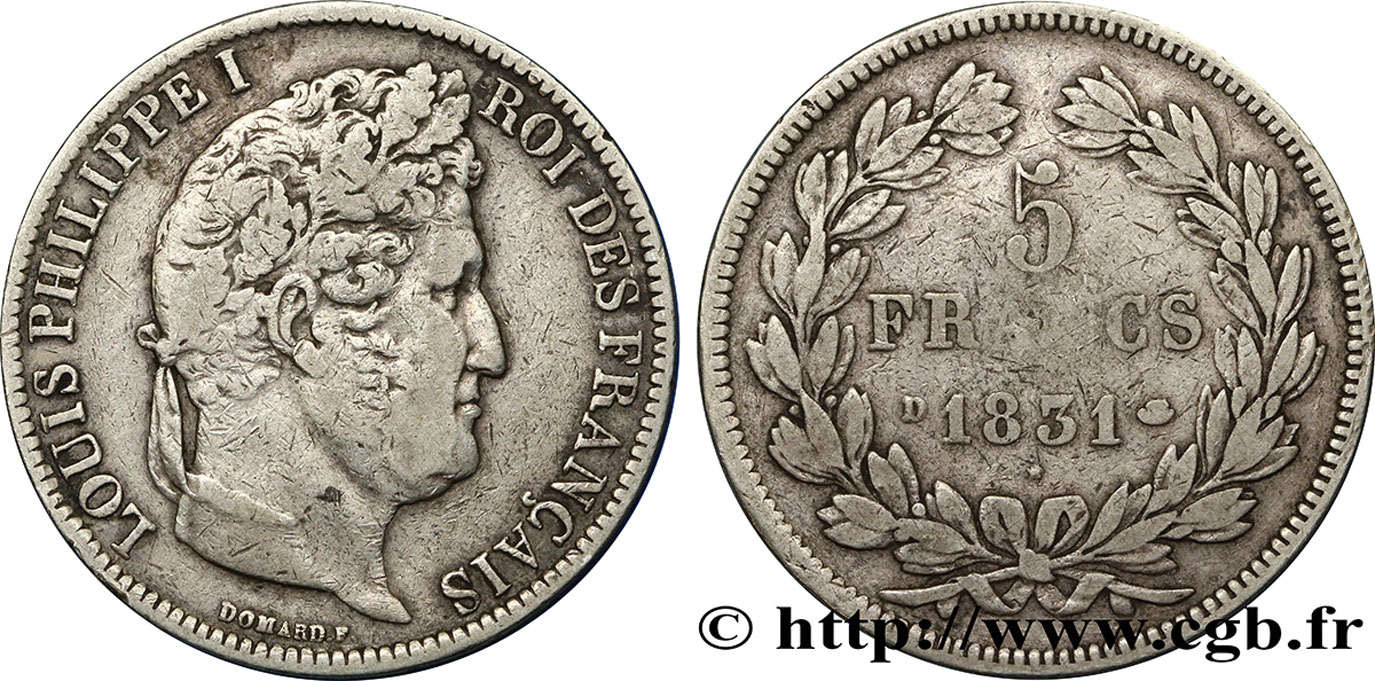 5 francs Ier type Domard, tranche en creux 1831 Lyon F.319/2 VF35 