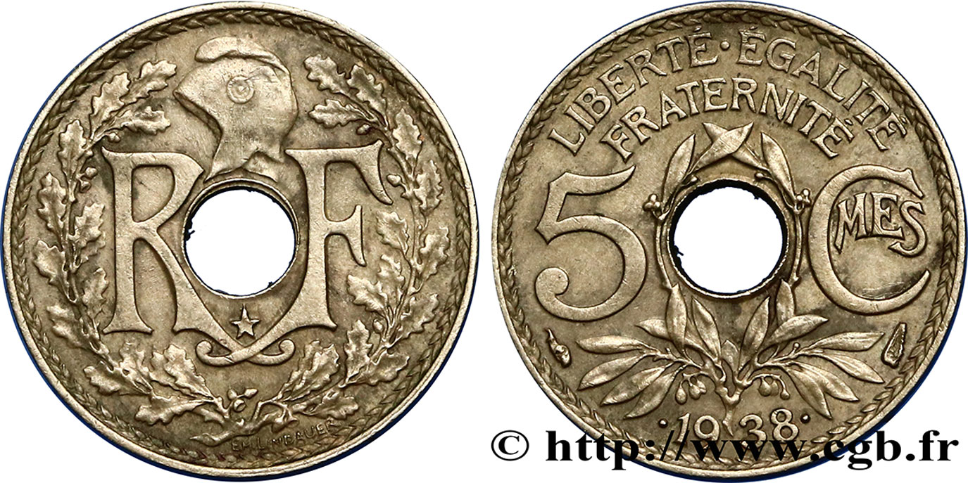 5 centimes Lindauer, maillechort, avec étoile 1938  F.123/1 TTB45 