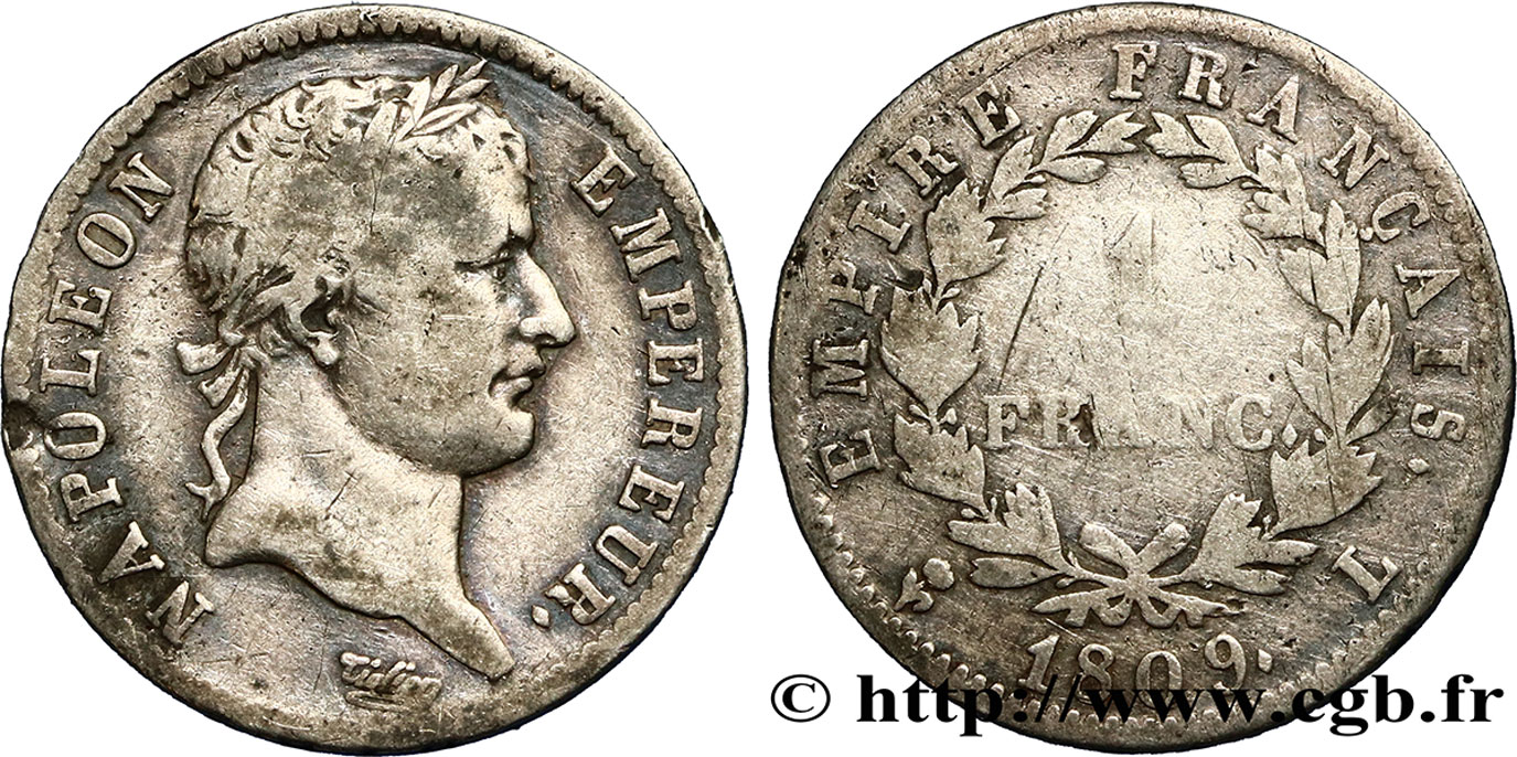 1 franc Napoléon Ier tête laurée, Empire français 1809 Bayonne F.205/6 TB18 