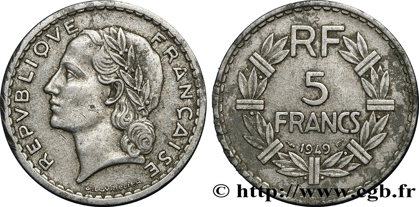 5 francs Lavrillier aluminium, 9 ouvert 1949  F.339/18 VF 