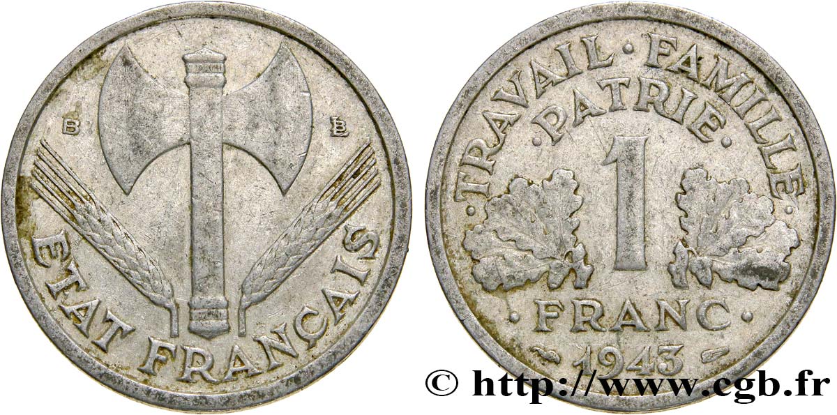 1 franc Francisque, légère 1943 Beaumont-Le-Roger F.223/4 TB25 