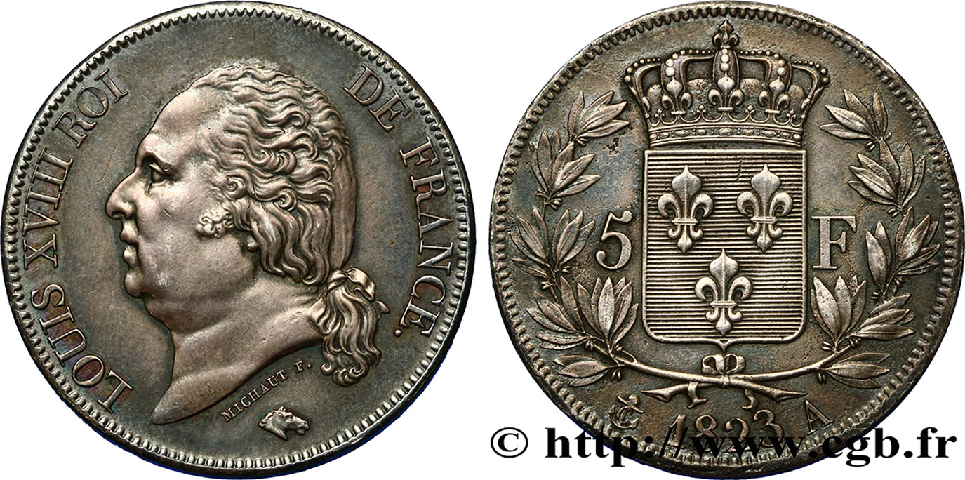 5 francs Louis XVIII, tête nue 1823 Paris F.309/76 SUP60 